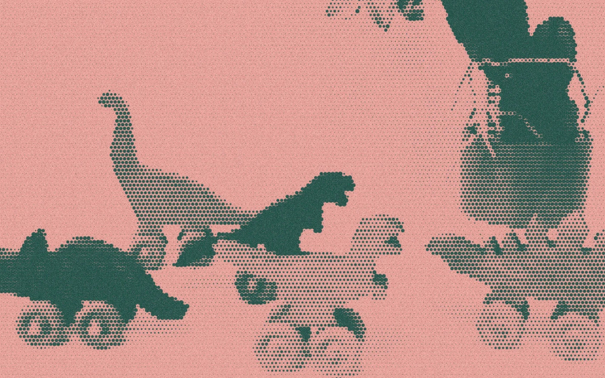 Baldwin wooden rolling dinosaurs grouped together, cropped with a bold forest-and-peach Paper halftone treatment.