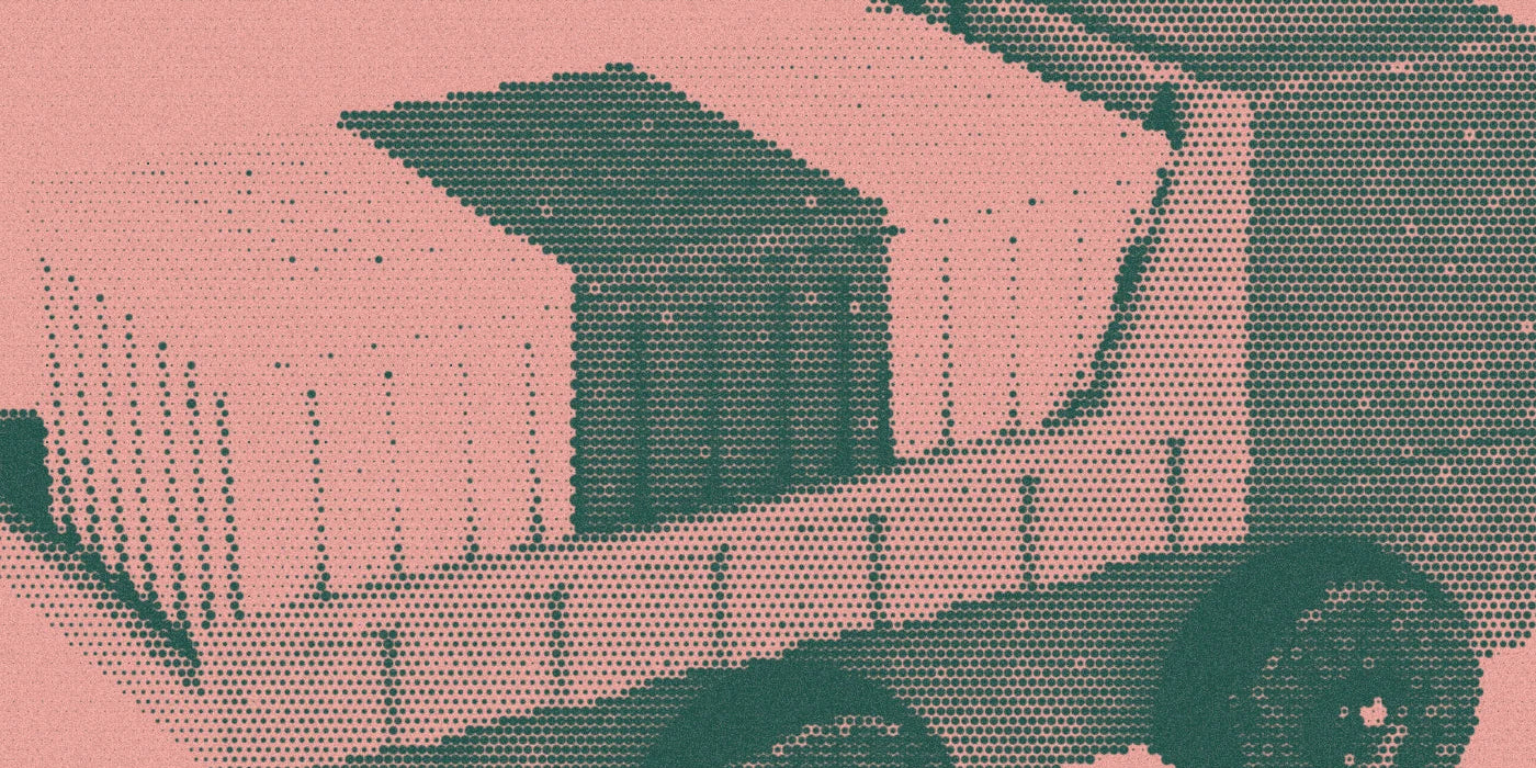 Cargo truck with a row of removable containers, cropped with a bold forest-and-peach Paper halftone treatment.