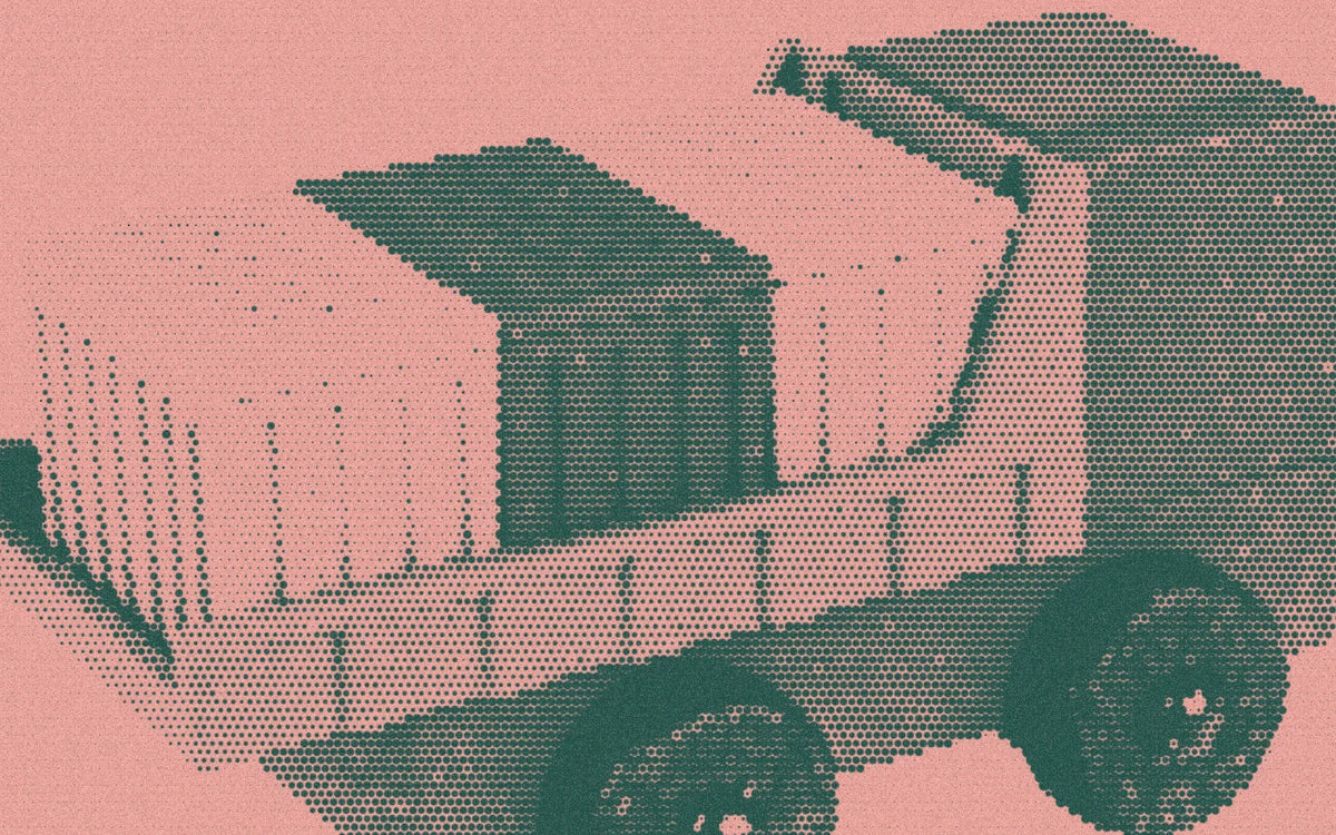Cargo truck with a row of removable containers, cropped with a bold forest-and-peach Paper halftone treatment.