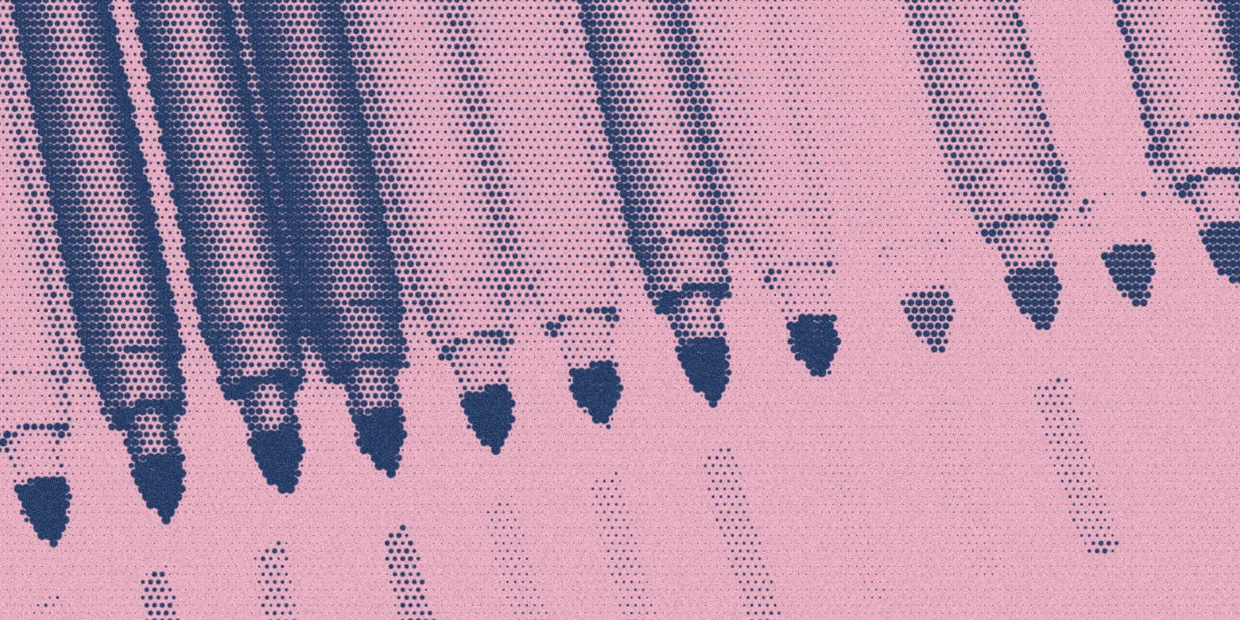 OMY washable marker tips arranged above colored marks, cropped with a bold navy-and-pink Paper halftone treatment.