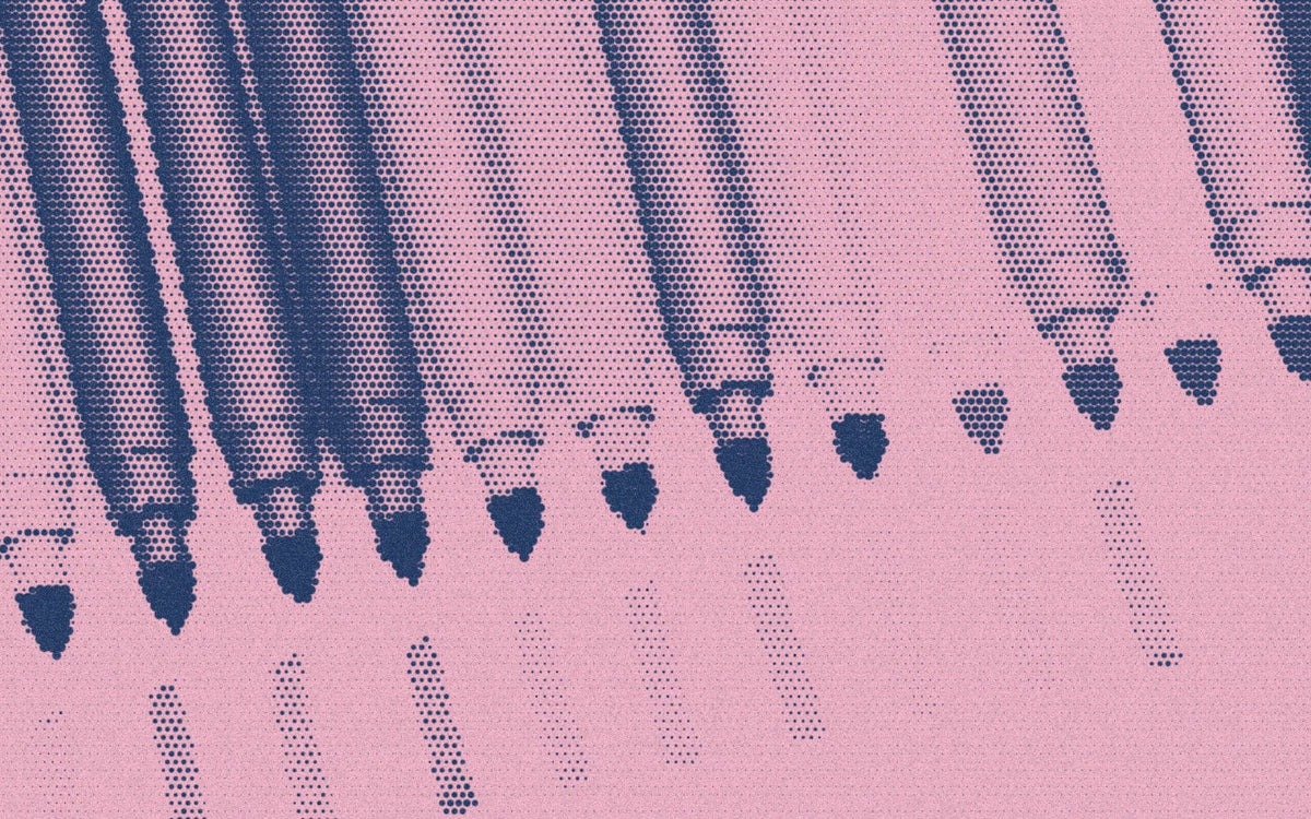 OMY washable marker tips arranged above colored marks, cropped with a bold navy-and-pink Paper halftone treatment.