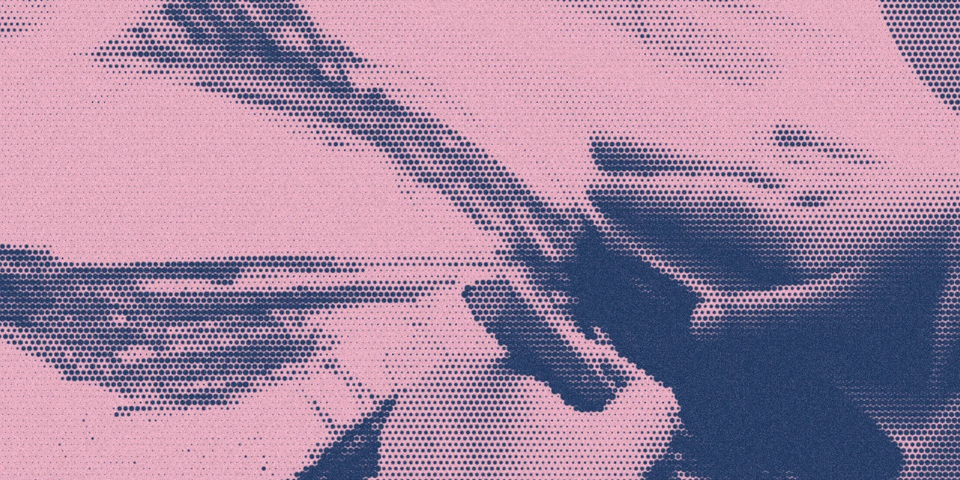 Hands drawing on paper with triangular beeswax crayons, cropped with a bold navy-and-pink Paper halftone treatment.