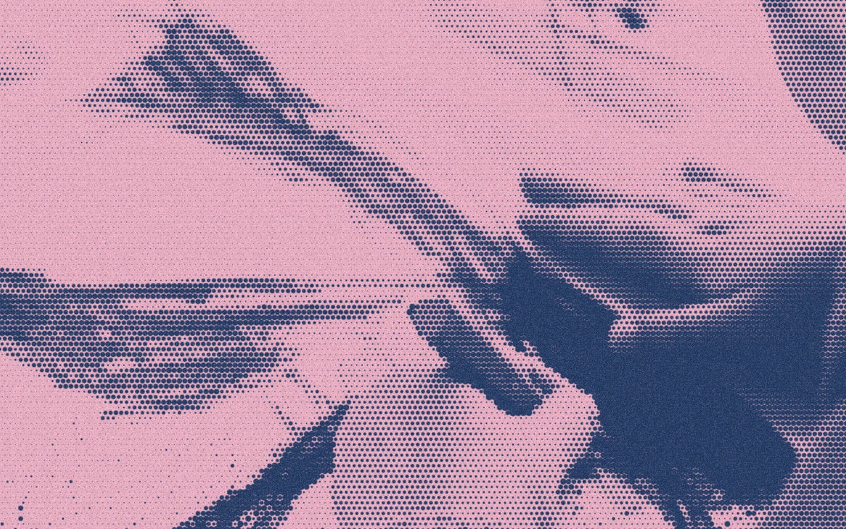 Hands drawing on paper with triangular beeswax crayons, cropped with a bold navy-and-pink Paper halftone treatment.