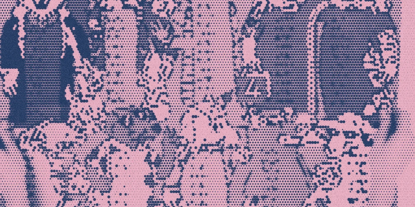 An OMY multiplication poster with illustrated number panels, cropped with a bold navy-and-pink Paper halftone treatment.