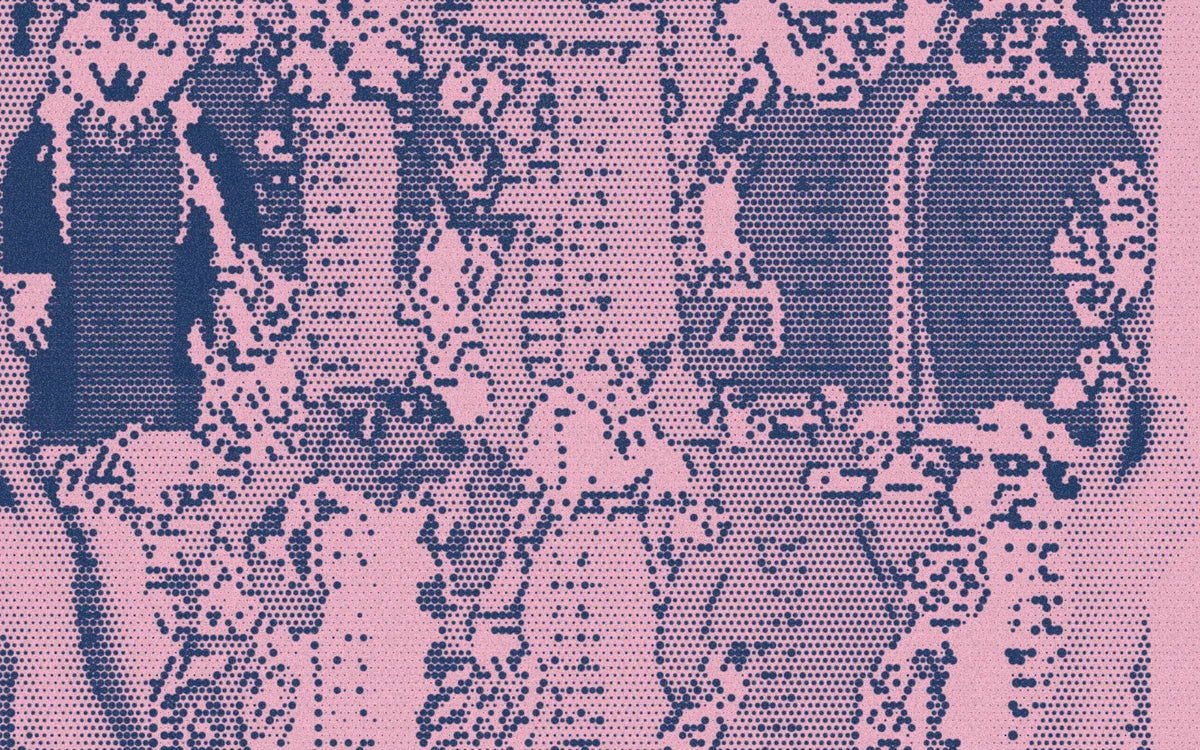 An OMY multiplication poster with illustrated number panels, cropped with a bold navy-and-pink Paper halftone treatment.