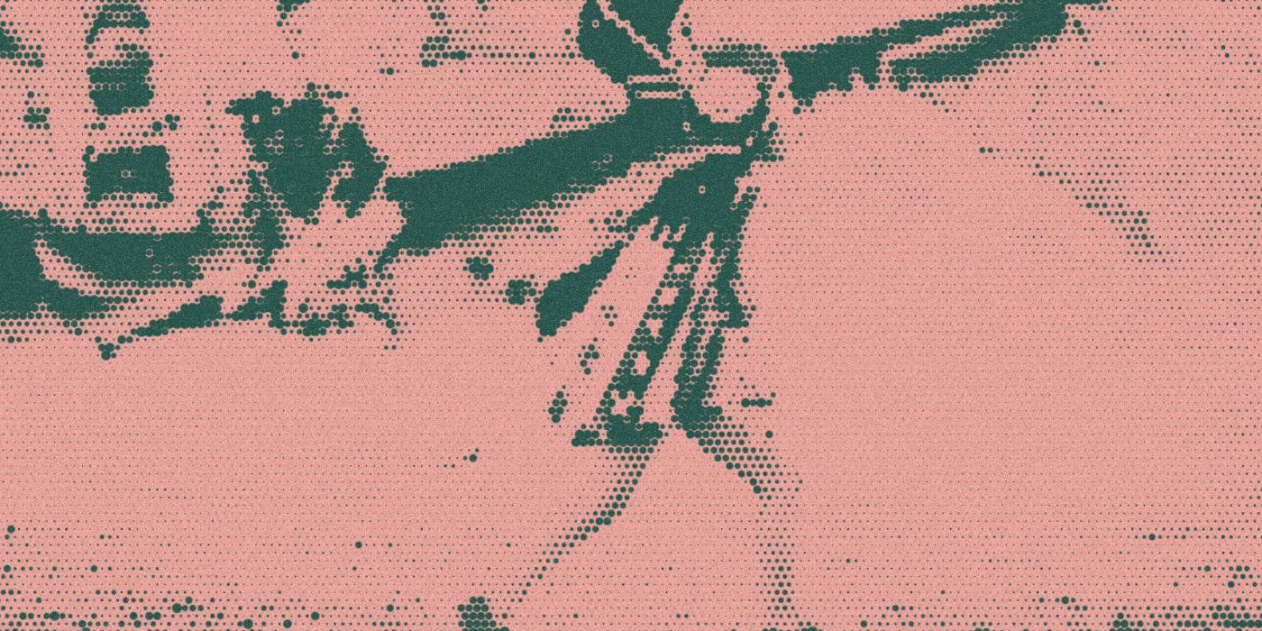 A child wearing a cape and hat while walking outdoors, cropped with a bold forest-and-peach Paper halftone treatment.