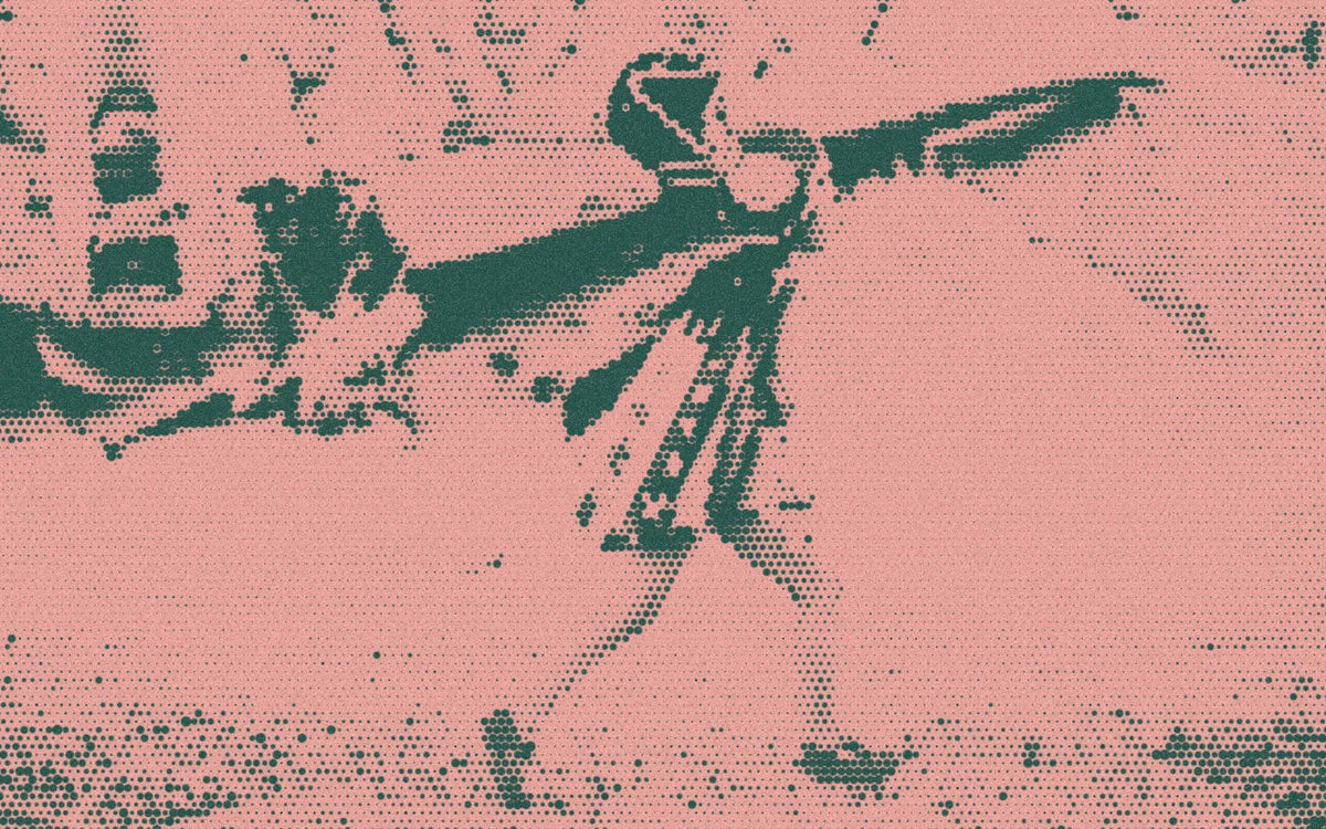 A child wearing a cape and hat while walking outdoors, cropped with a bold forest-and-peach Paper halftone treatment.