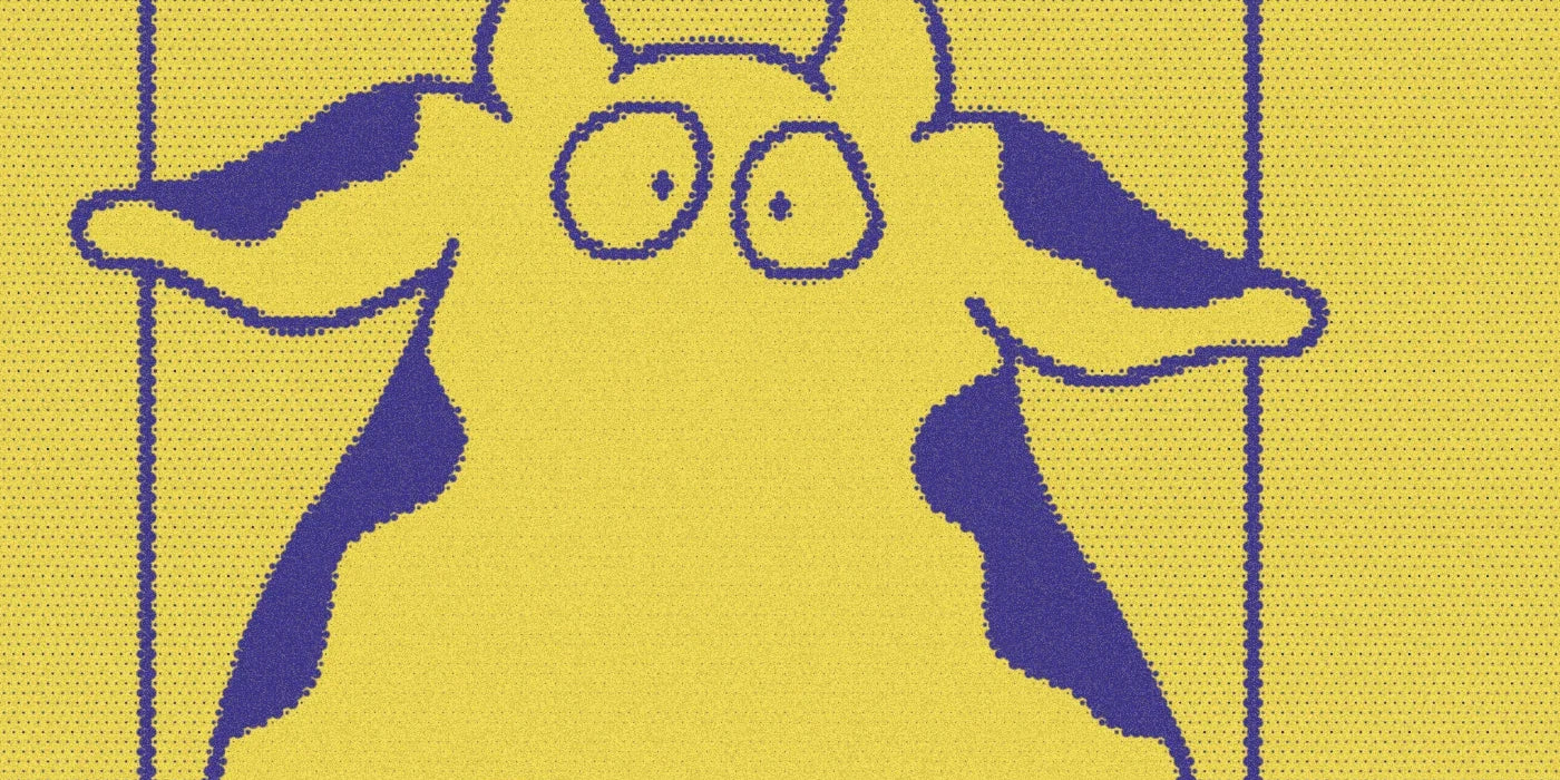 Illustrated cow from Moo, Baa, La La La!, cropped with a bold purple-and-yellow Paper halftone treatment.