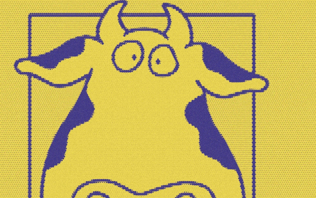 Illustrated cow from Moo, Baa, La La La!, cropped with a bold purple-and-yellow Paper halftone treatment.
