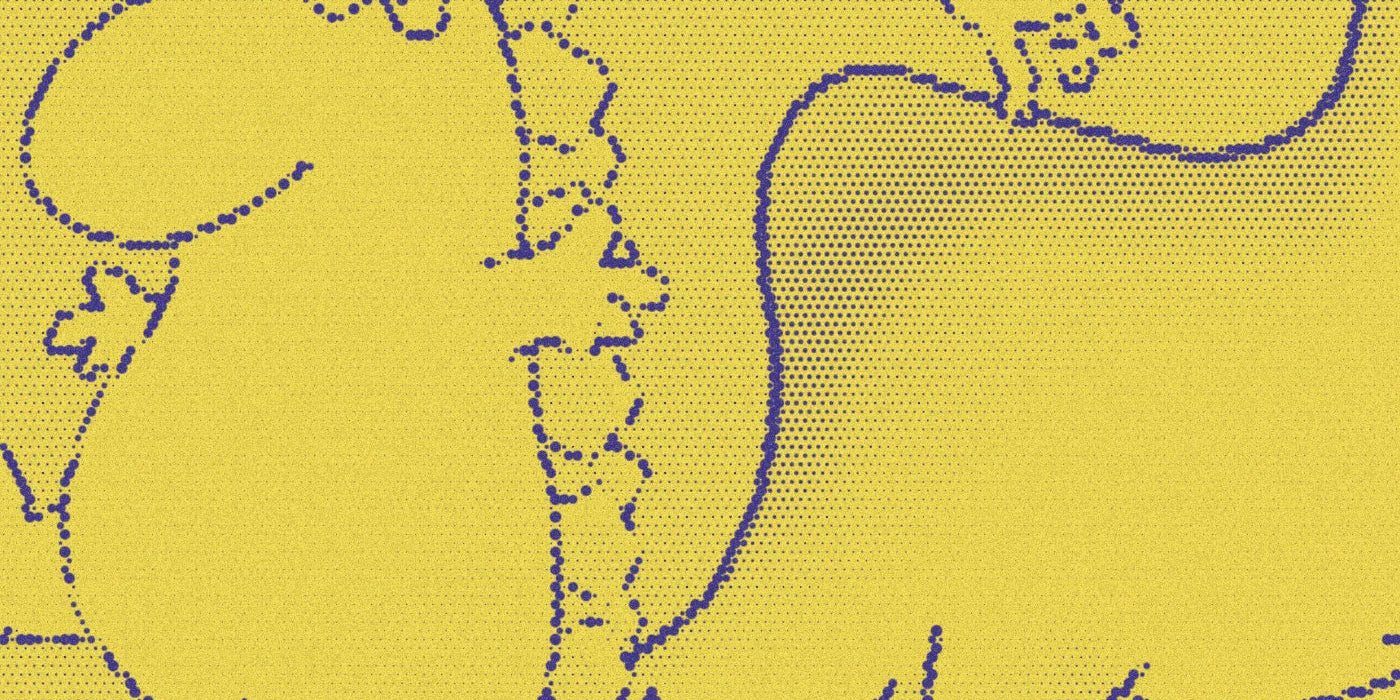 Dancing dinosaur illustrations from Dinosaur Dance!, cropped with a bold purple-and-yellow Paper halftone treatment.