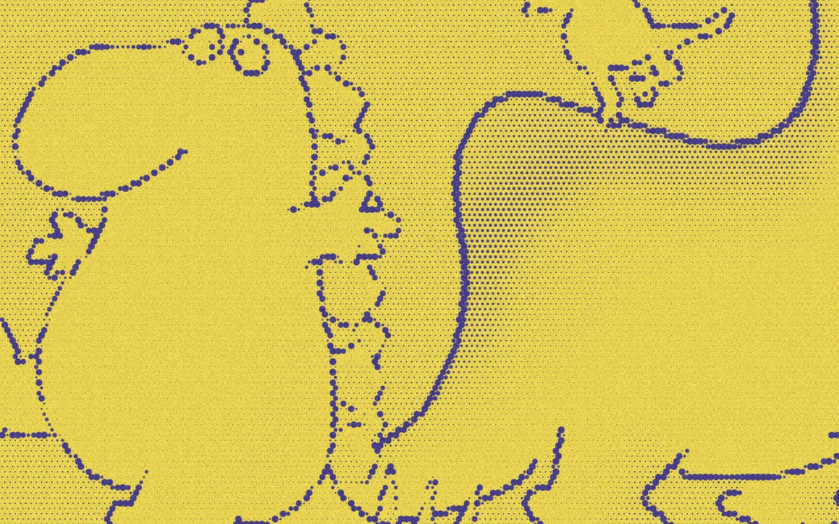 Dancing dinosaur illustrations from Dinosaur Dance!, cropped with a bold purple-and-yellow Paper halftone treatment.