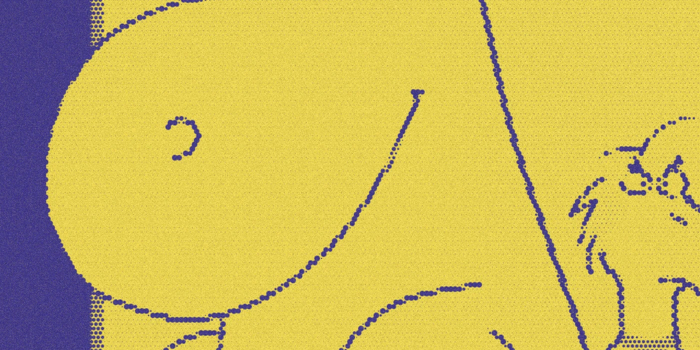 Hippo and duck illustration from Happy Hippo, Angry Duck, cropped with a bold purple-and-yellow Paper halftone treatment.