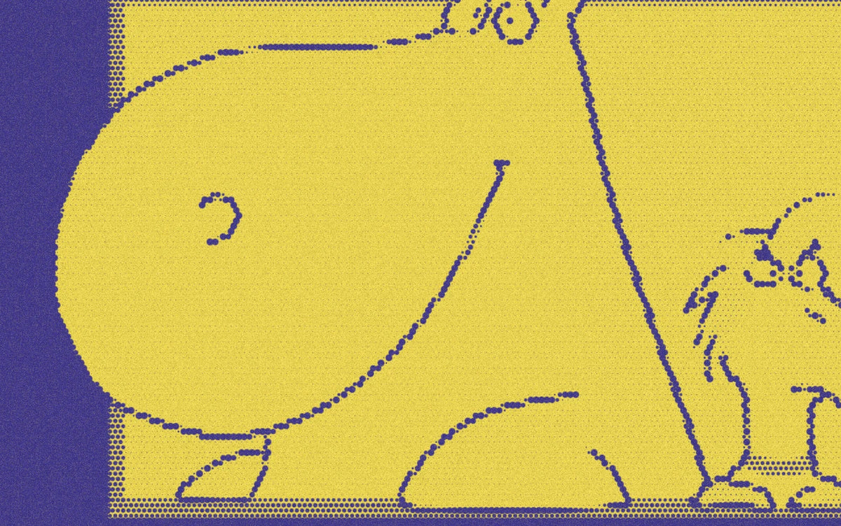 Hippo and duck illustration from Happy Hippo, Angry Duck, cropped with a bold purple-and-yellow Paper halftone treatment.