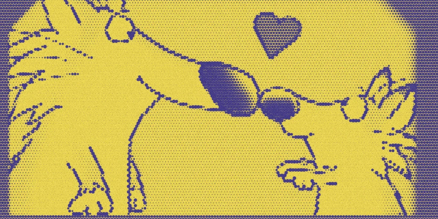 Foxes touching noses from Your Nose!, cropped with a bold purple-and-yellow Paper halftone treatment.