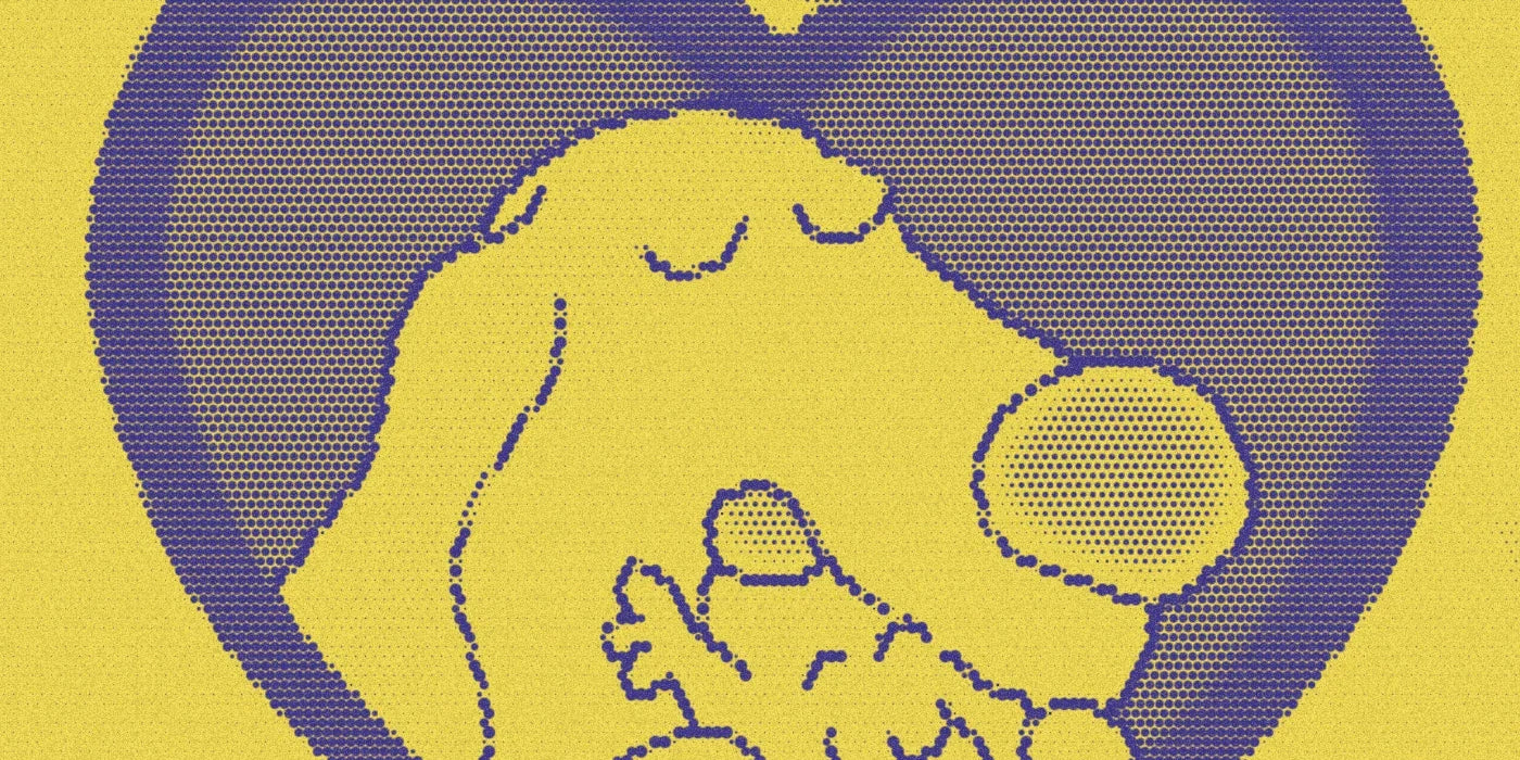 Parent dog and puppy inside a heart from Snuggle Puppy, cropped with a bold purple-and-yellow Paper halftone treatment.