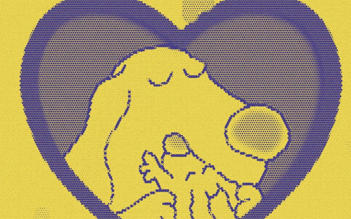 Parent dog and puppy inside a heart from Snuggle Puppy, cropped with a bold purple-and-yellow Paper halftone treatment.