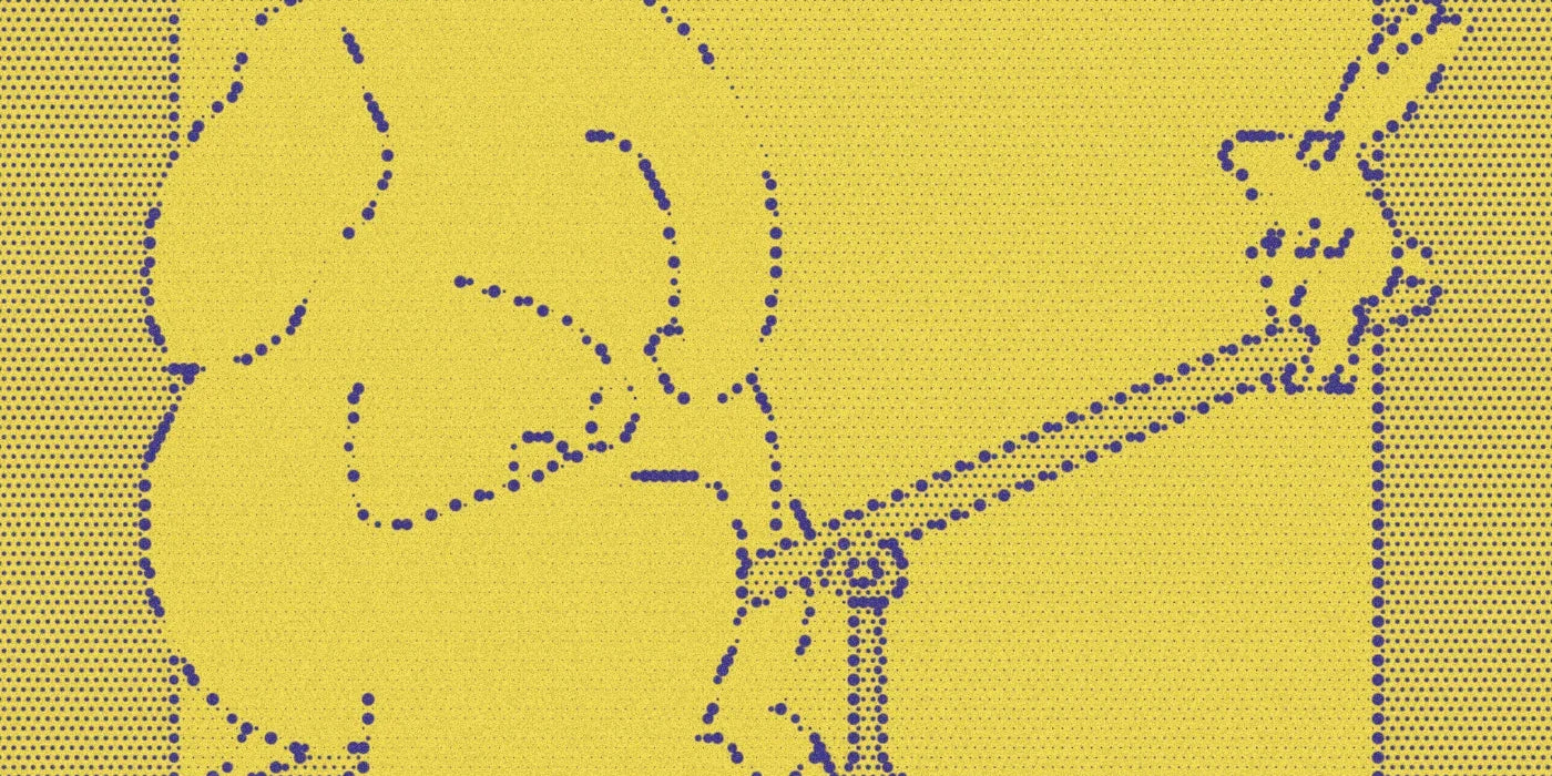 Elephant and rabbit on a seesaw from Opuestos, cropped with a bold purple-and-yellow Paper halftone treatment.