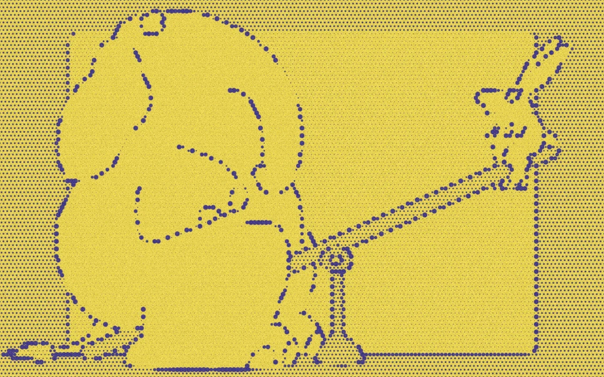 Elephant and rabbit on a seesaw from Opuestos, cropped with a bold purple-and-yellow Paper halftone treatment.