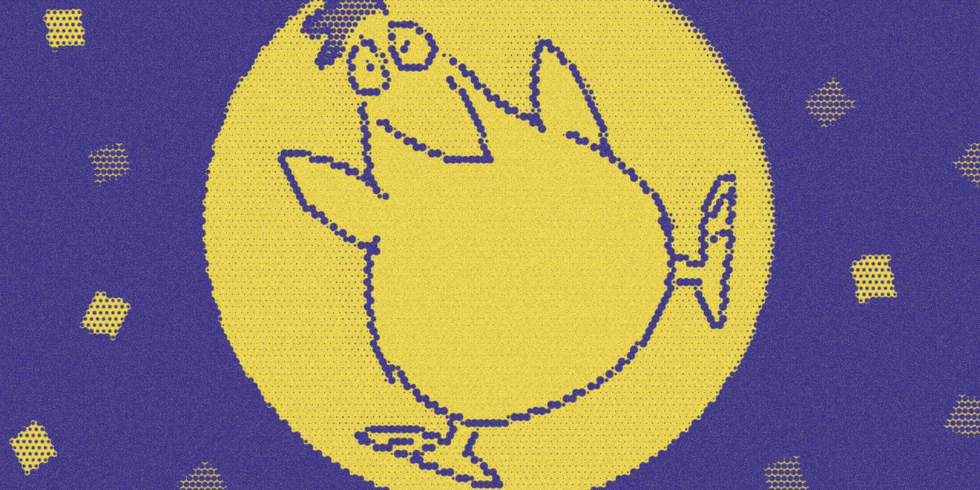 Chicken against a moon from Eek! Halloween!, cropped with a bold purple-and-yellow Paper halftone treatment.