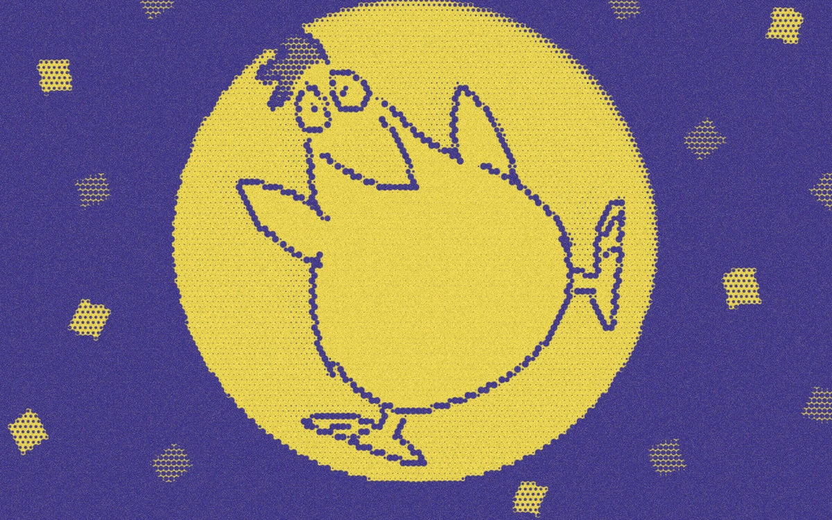 Chicken against a moon from Eek! Halloween!, cropped with a bold purple-and-yellow Paper halftone treatment.