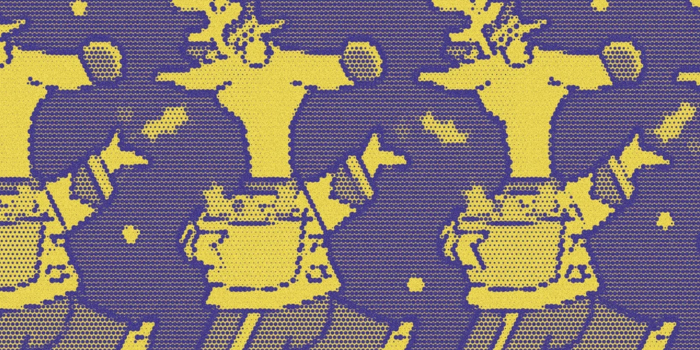 Marching animal musicians from Christmas Parade, cropped with a bold purple-and-yellow Paper halftone treatment.