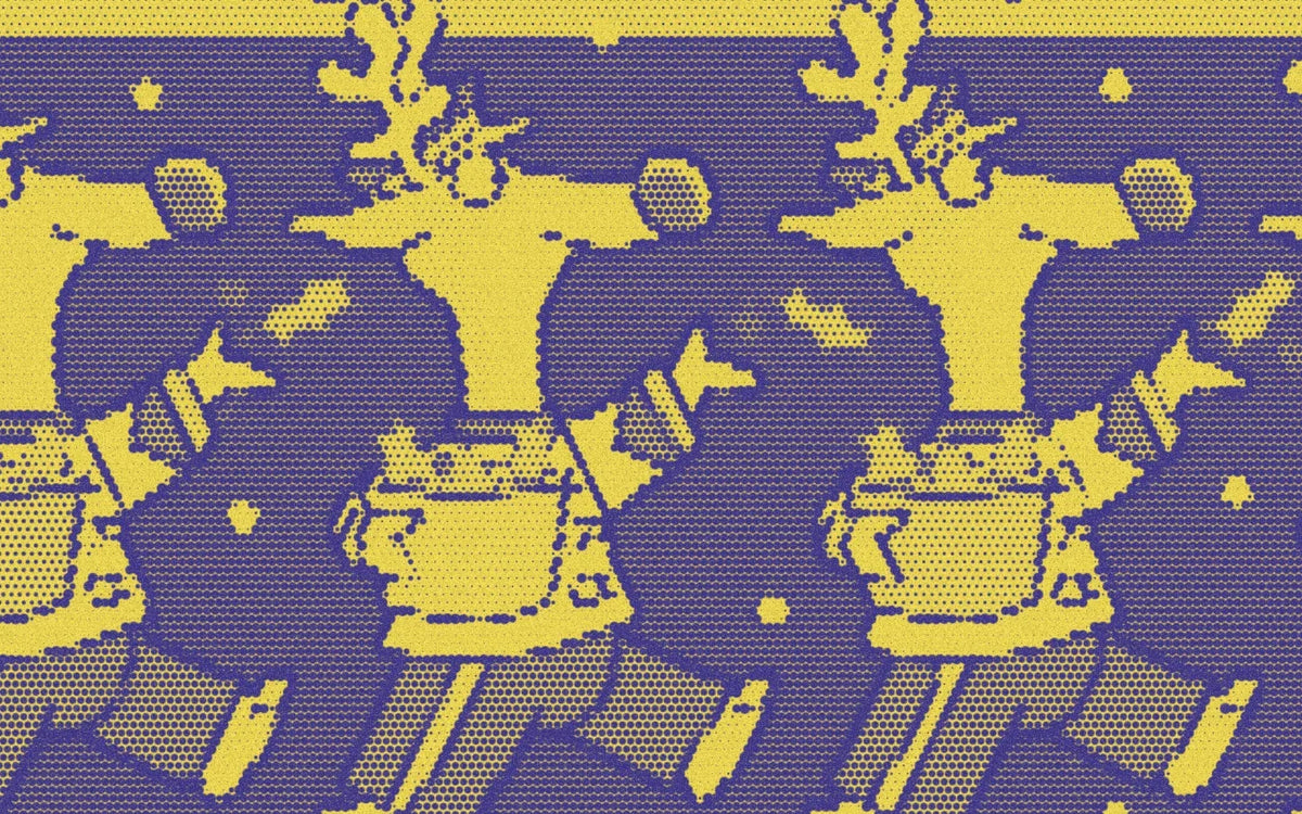 Marching animal musicians from Christmas Parade, cropped with a bold purple-and-yellow Paper halftone treatment.