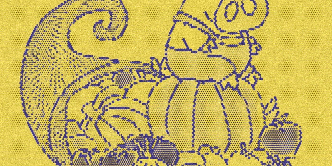 Little Pookie beside pumpkins and a cornucopia, cropped with a bold purple-and-yellow Paper halftone treatment.