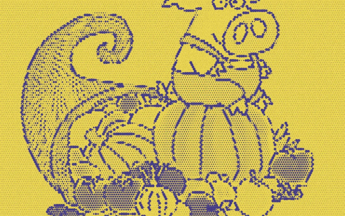 Little Pookie beside pumpkins and a cornucopia, cropped with a bold purple-and-yellow Paper halftone treatment.