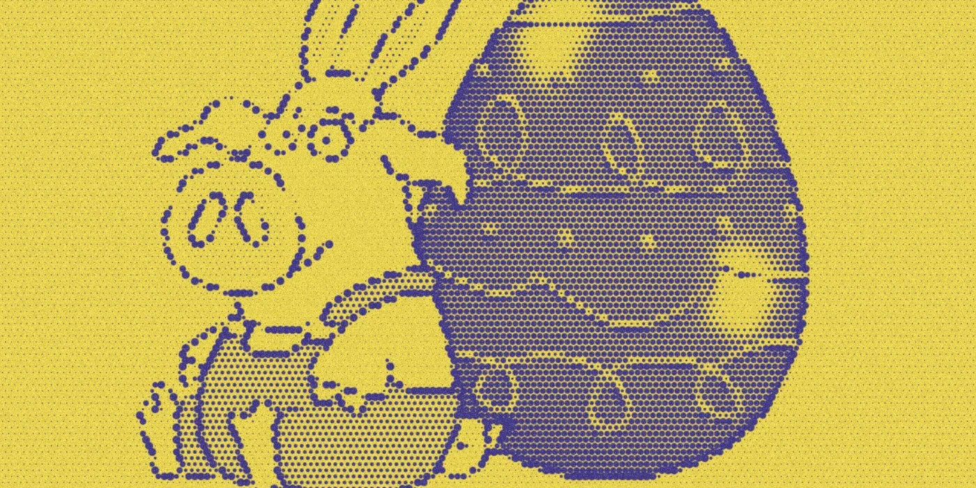 Little Pookie beside an Easter egg, cropped with a bold purple-and-yellow Paper halftone treatment.