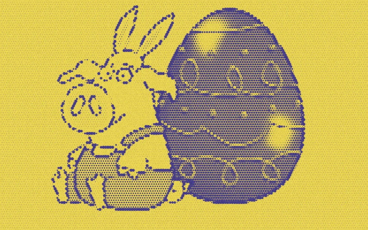 Little Pookie beside an Easter egg, cropped with a bold purple-and-yellow Paper halftone treatment.