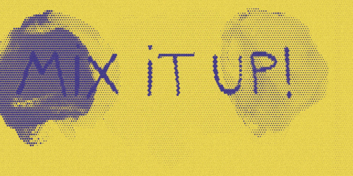Paint shapes on the Mix It Up book cover, cropped with a bold purple-and-yellow Paper halftone treatment.