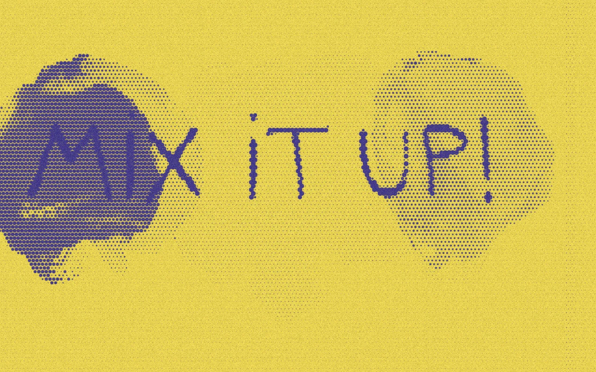 Paint shapes on the Mix It Up book cover, cropped with a bold purple-and-yellow Paper halftone treatment.