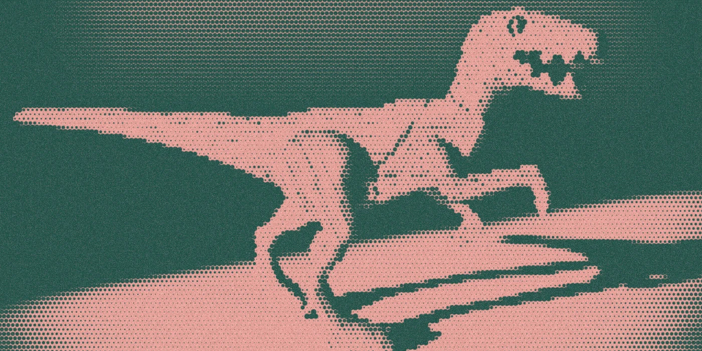 Articulated wooden Velociraptor with a long tail, cropped with a bold forest-and-peach Paper halftone treatment.