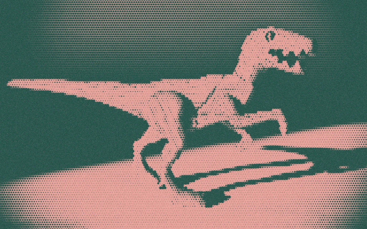Articulated wooden Velociraptor with a long tail, cropped with a bold forest-and-peach Paper halftone treatment.