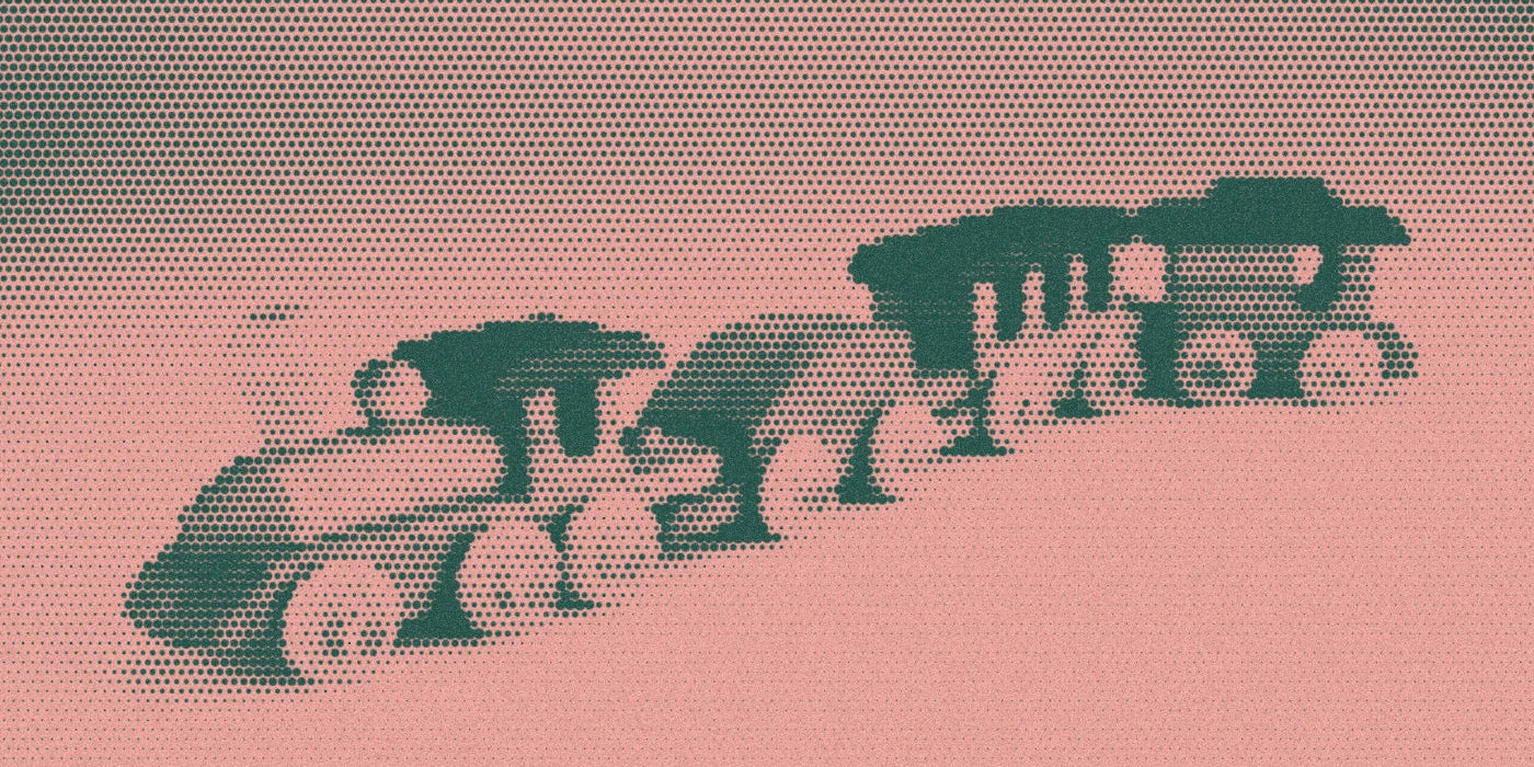 Four-car wooden train, cropped with a bold forest-and-peach Paper halftone treatment.