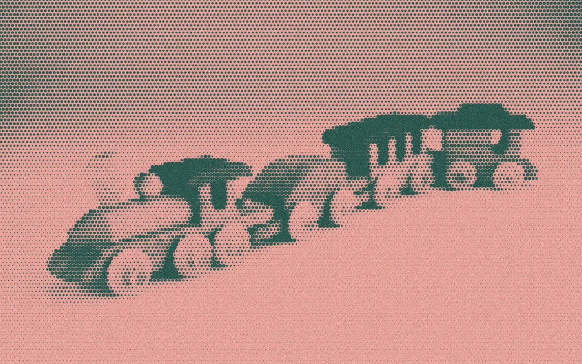 Four-car wooden train, cropped with a bold forest-and-peach Paper halftone treatment.