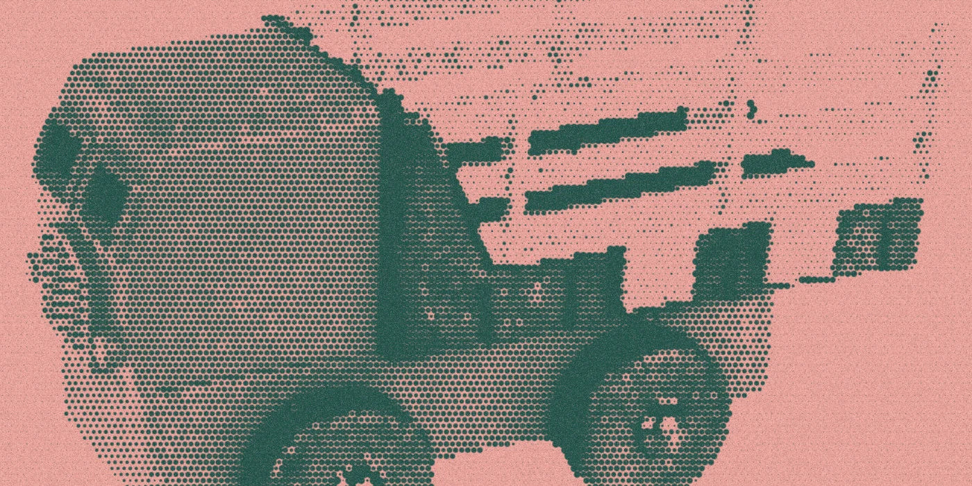Luke’s Toy Factory farm truck, cropped with a bold forest-and-peach Paper halftone treatment.