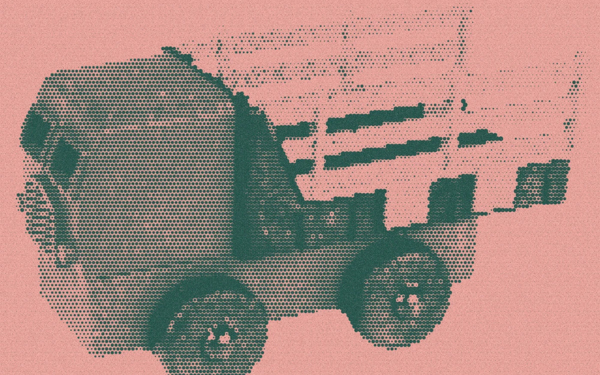 Luke’s Toy Factory farm truck, cropped with a bold forest-and-peach Paper halftone treatment.