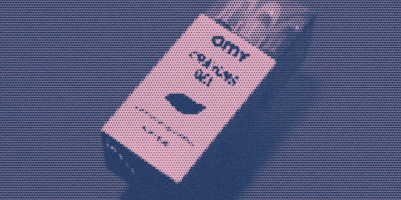 OMY gel crayons in their package, cropped with a bold navy-and-pink Paper halftone treatment.