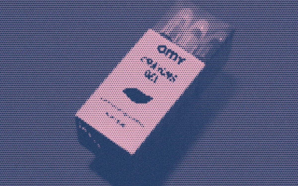 OMY gel crayons in their package, cropped with a bold navy-and-pink Paper halftone treatment.
