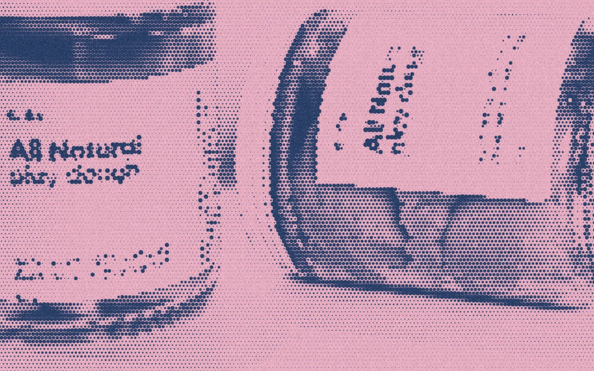 Oh Eco play dough jars, cropped with a bold navy-and-pink Paper halftone treatment.