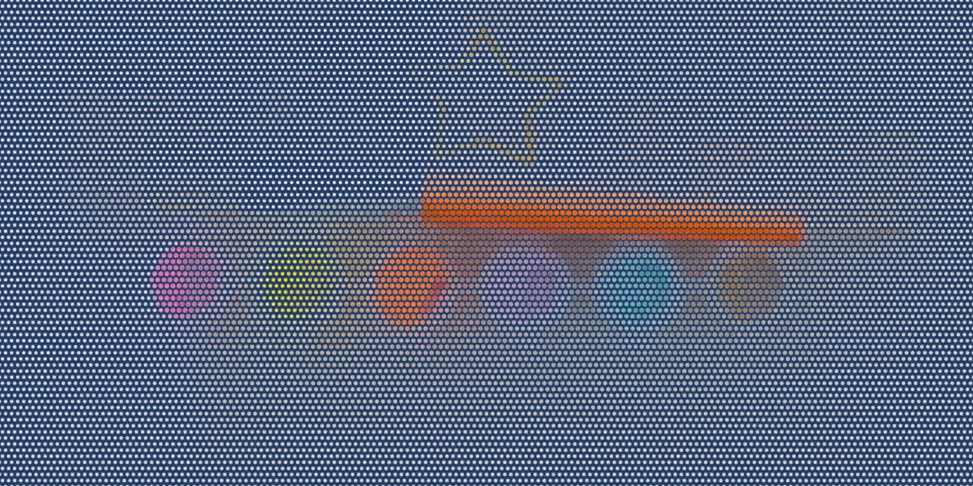 Paintbrush and paint pots from a canvas tiara kit, cropped with a bold coarse, colorful Paper halftone treatment.