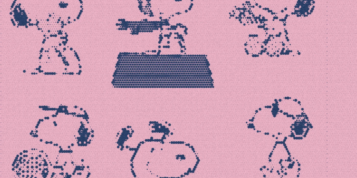 Snoopy temporary tattoo illustrations, cropped with a bold navy-and-pink Paper halftone treatment.