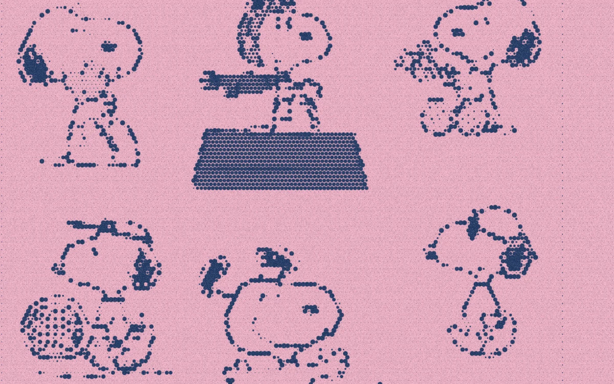 Snoopy temporary tattoo illustrations, cropped with a bold navy-and-pink Paper halftone treatment.