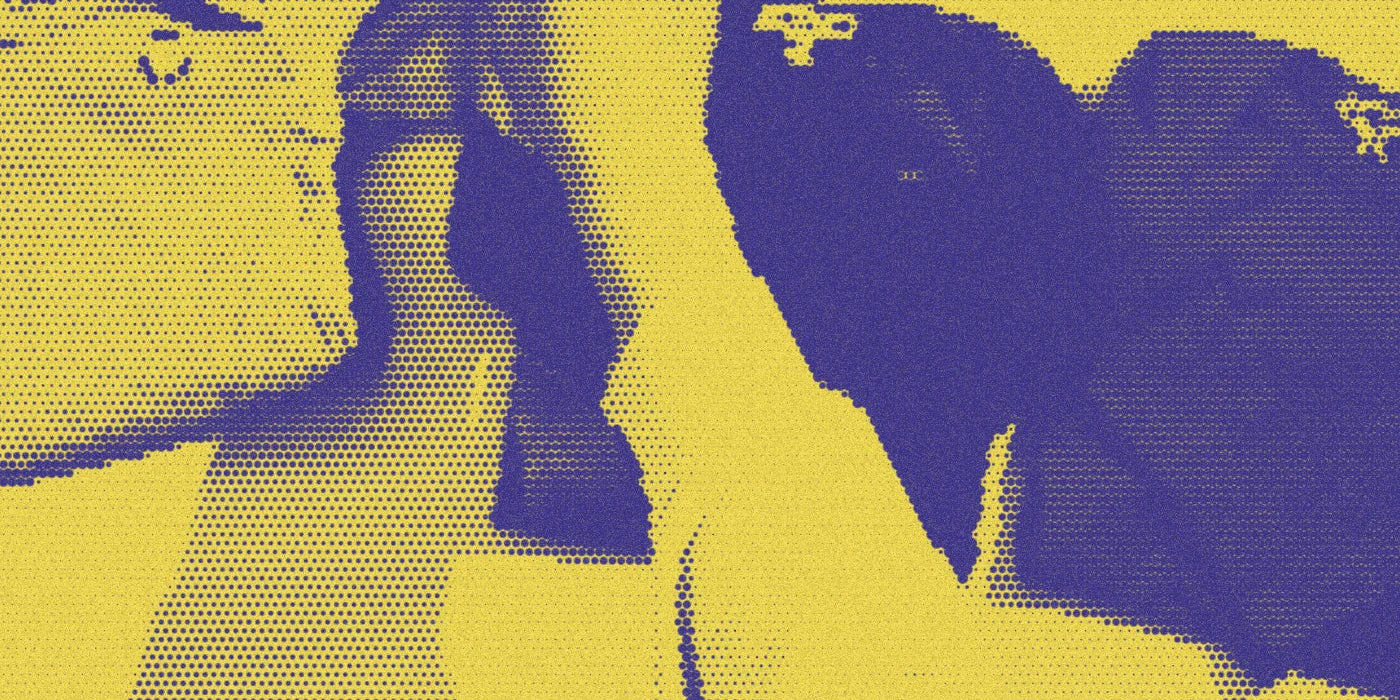 Colorful Bunch garments being arranged, transformed with a bold purple-and-yellow Paper halftone filter.