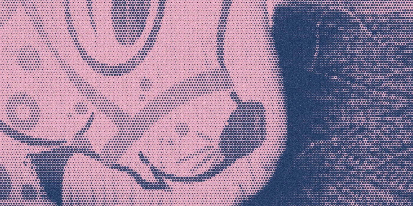A wooden animal and yarn at the Colorful Bunch shop in a bold navy-and-pink Paper halftone treatment.
