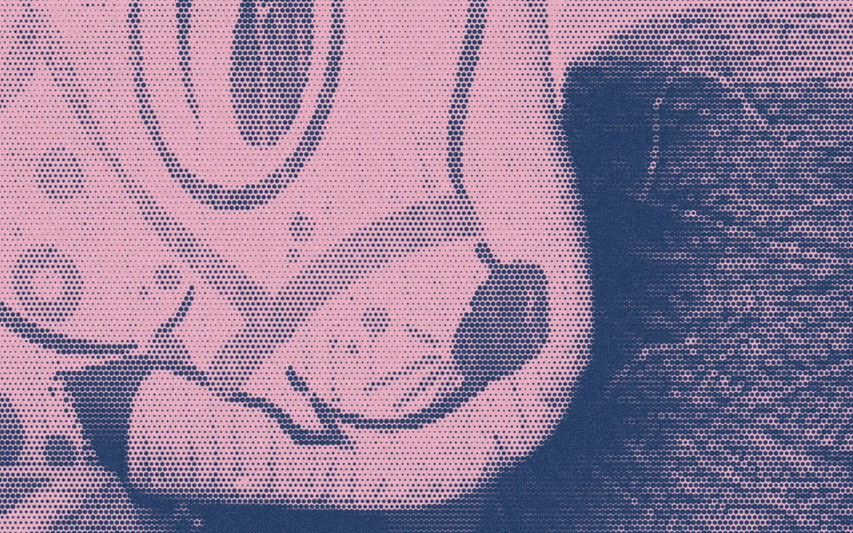 A wooden animal and yarn at the Colorful Bunch shop in a bold navy-and-pink Paper halftone treatment.