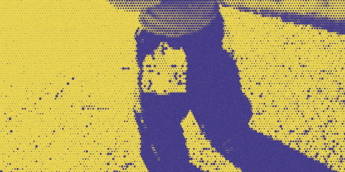 Lemon-pocket Play Jeans worn outdoors, cropped and transformed with a bold purple-and-yellow Paper halftone filter.