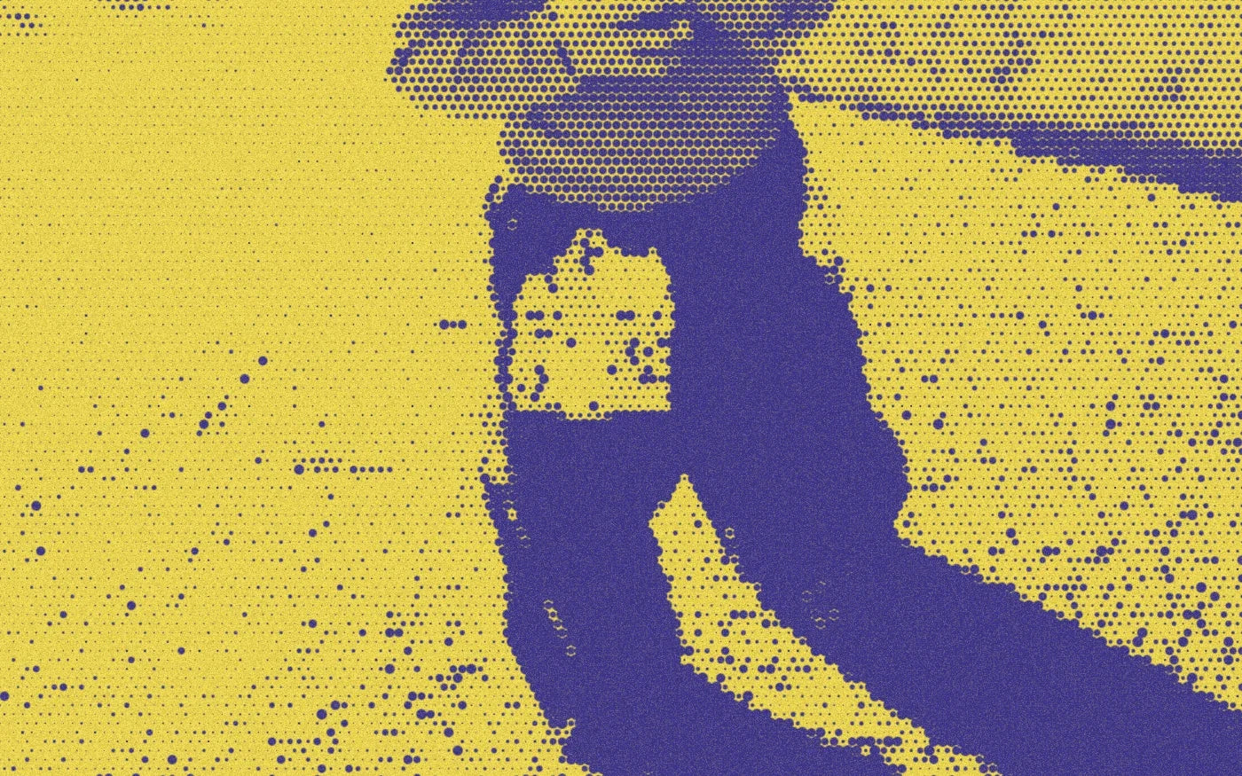 Lemon-pocket Play Jeans worn outdoors, cropped and transformed with a bold purple-and-yellow Paper halftone filter.