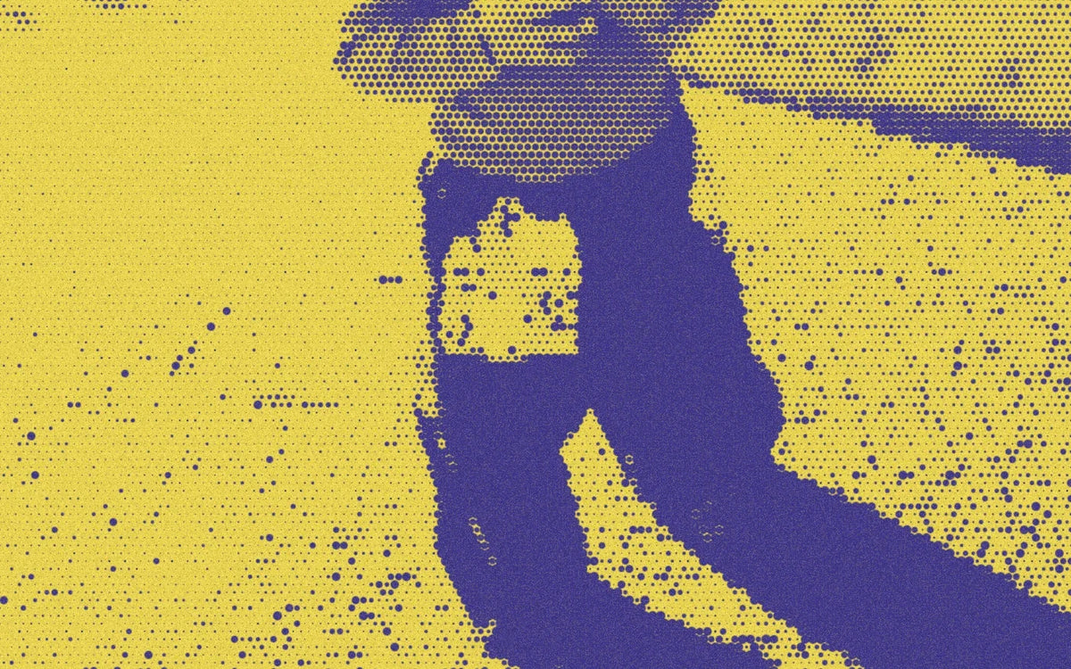 Lemon-pocket Play Jeans worn outdoors, cropped and transformed with a bold purple-and-yellow Paper halftone filter.